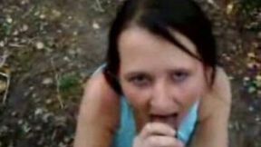 Fugly short-haired hooker is sucking my dick outdoor