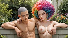 Athletic Nude Martial Artist with Rainbow Buzz Cut in Thunderstorm Garden