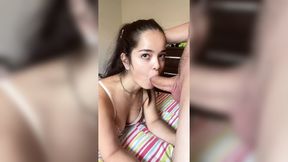 Teen Debora Prado falling with her mouth on a veiny cock to give a deep and sloppy blowjob