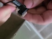Slaves balls slip out of cage and uses emergency key to fix it