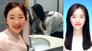 Yi Yuna gives a passionate blowjob in a public restroom