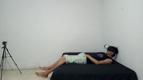The skinny guy wants sex and puts on his virtual headset to masturbate his flaccid penis.