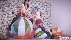 Q903 Cosette and Stashia ride and pump to pop two big Rainbow beachballs - 480p