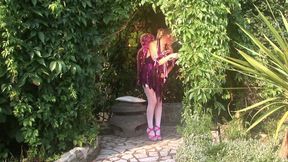 Cosplay double 3some outdoor with two sluts, one by one