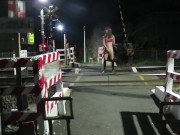 Japanese crossdresser naked exposed at the railroad crossing