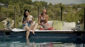 Naughty Lesbians Julia Roca And Maria Riot Share Glass Dildo Poolside