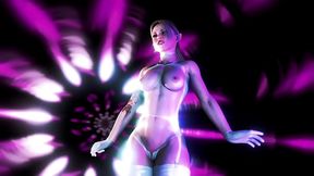 Tattooed elven stripper in sexy white lingerie dances under neon lights