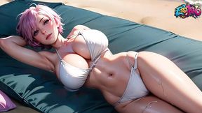 Stunning AI babe sunbathes naked on the beach