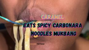 Caramel Eats Spicy Carbonara Noodles Mukbang