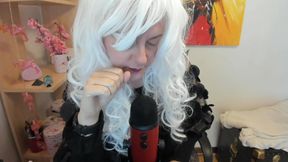 Adorable brunette gives a perfect burp with a blue Yeti mic