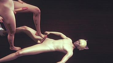 Yaoi Femboy - Erito footjobs catboy and makes him cum - Sissy Trap Crossdresser Japanese Asian Manga Anime Game