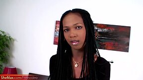 Beautiful ebony doll with shaved balls jerks off a ladystick