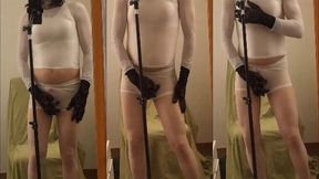 sara crossdresser in white nylon and highheels. bigdick