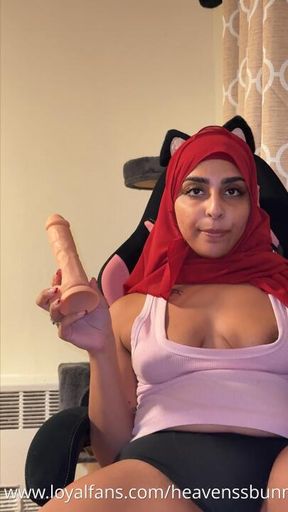 Hijabi White Dildo Blowjob and Hairy Bush Play, Boobs Out Indo Iranic Persian Muslim Girl