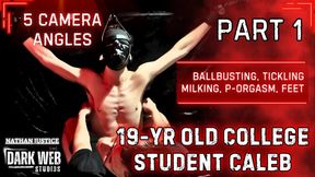 19-Year Old College Twink Caleb Gets No Mercy Tickled, Ballbusted, and Post Orgasm Milked (Part 1)