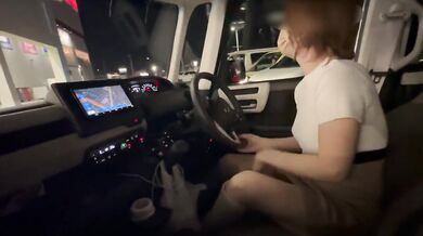 A perverted, big-breasted MILF who masturbates in the car in public even if a young man sees her