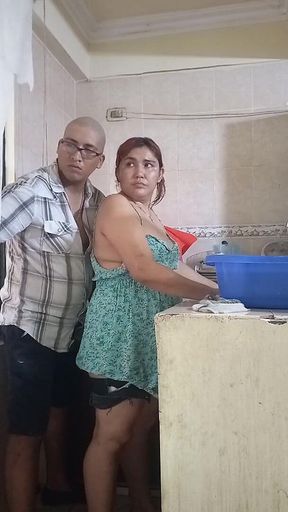 Maid Fucked in the Kitchen, Almost Discovered by the Boss