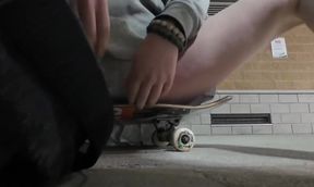 Skater femboy soaks you while cum drips on your face in public