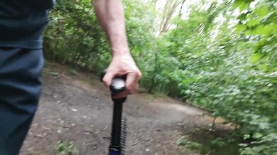 Big dick stranger pisses while jerking off from the moving bike ride