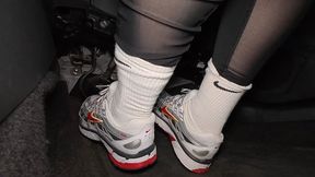 Driving in Nike Sneakers, white crew socks and leggings
