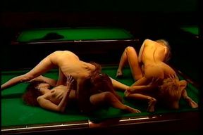 Lesbian foursome pussy licking party on the pool table