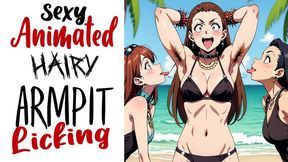 Sexy anime girls in bikini with hairy armpits pose and gets their muscular body and pits checked by two kinky lesbians