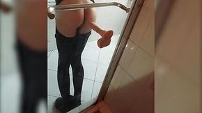 Femboy standing dildo fuck