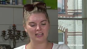 German girl with natural tits enjoys fingering her shaved pussy in front of camera