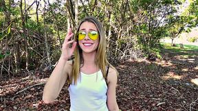 A blonde hottie ride her man's rod in a public park for some cash