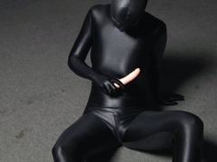 Female masturbation with dildo in black spandex zentai full