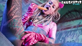 Tattooed goth girl gets DP and toys solo