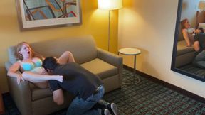 Fucked On A Couch While Hubby Watches And Films