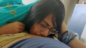 Asiatic transgirl warms up gf with bj under sheets, facefucks gf, gets dildoed