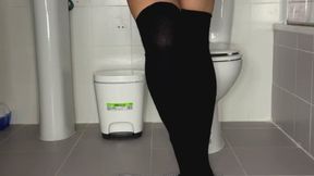 Toilet denial teen desperately pissing on the floor