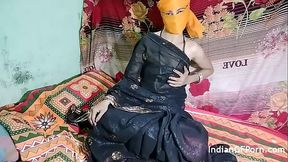 Indian Bhabhi In Black Sari Stripping Naked Playing With Her Desi Mature Pussy In Front Of Her Young Asking To Seduce Her With His Young Big Cock