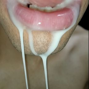 Cum in my mouth, play with your cum, and swallow it, close-up, naughty gay, tongue, sloopy