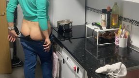Bloated belly, butt crack jeans farting in the kitchen -