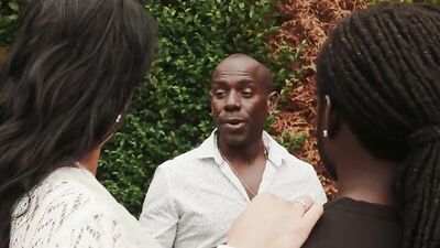 Striking brunette MILF ravaged by two massive black cocks at the outdoor pool