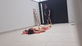 Married sunbathing in her backyard and neighbor came to fix her gate and catches her off guard only in a bikini