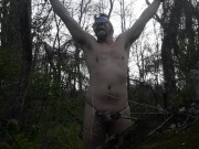 Self bondage and anal torment in the woods for sub in chastity