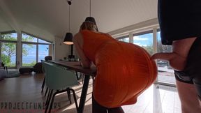 Sexy Curvy Lady in Orange Bodycon Dress and Stockings Filled Missionary with Fresh Cum - Projectfundiary