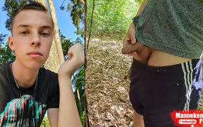 Pissed on the Tree. Naked Walk in the Woods