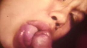 Sweet retro Japanese chick giving head to a white guy