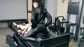 Facesitting with leather pants and smothering with gloves