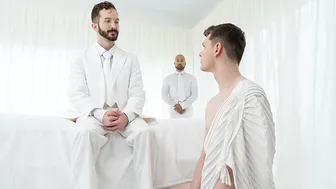 Suited DILF barebacks twink Ethan Tate raw in ritual spit roast