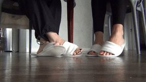 M Wiggling our toes under the dining table in slippers TF