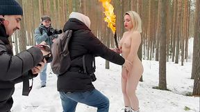 Naked in winter forest