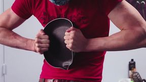 Strong man crushes bends 2 frying pans