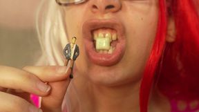 Giantess stepsister chews gum, then blows bubbles at her tiny stepsister and wraps her used gum around him