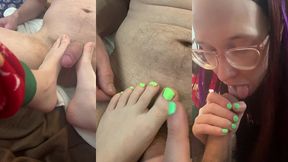 painting toenails while getting a footjob and a blowjob